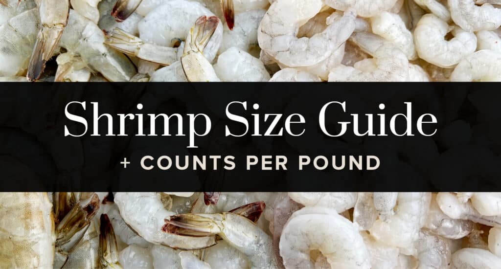 Shrimp Size Guide Text Overlay on Photo of Raw Shrimp in Different Sizes