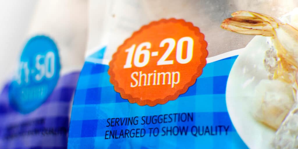 16 20 Count Label on Package of Shrimp