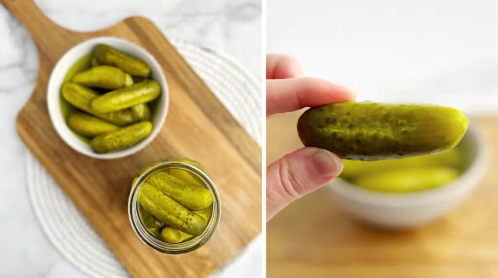 Pickles in Bowl on Wooden Surface (left) Pickle in Hand (right) 