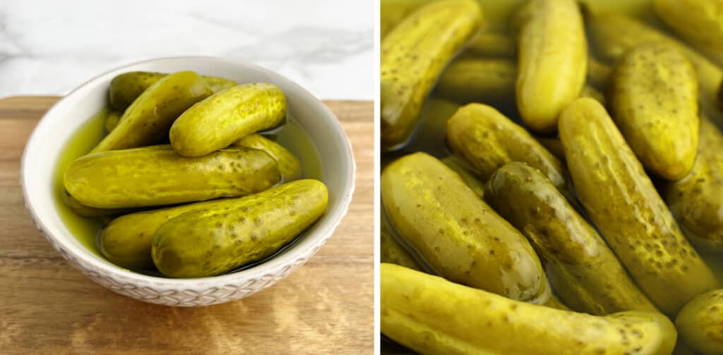 Dill Pickles in Bowl (left) Pickles Closeup (right)