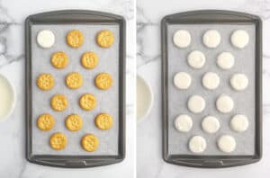 Dipped Cookie Sandwiches on Lined Baking Sheet