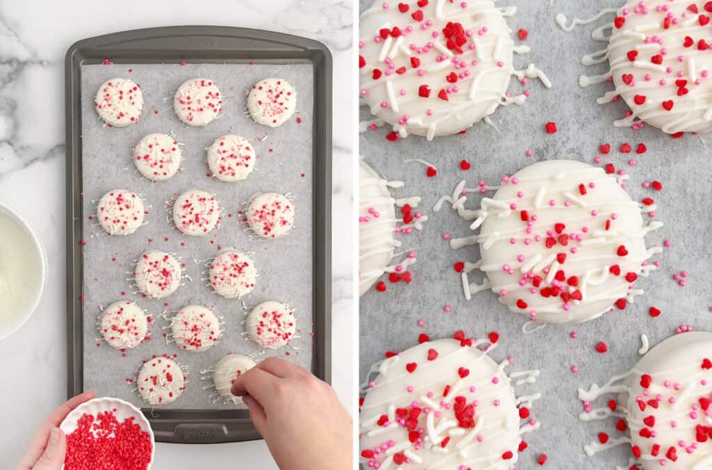 Topping Cracker Cookies with Pink, Red, and White Sprinkles