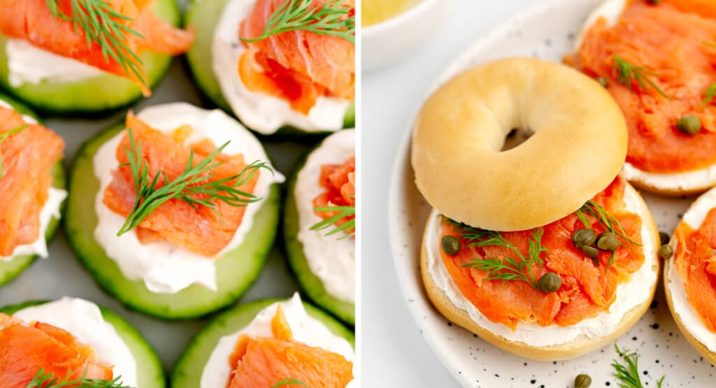 Leftover Smoked Salmon on Cucumbers (left) and Bagels with Cream Cheese (right)