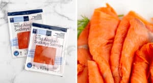 Cold Smoked Salmon Packaging (left) Salmon on White Surface (right)