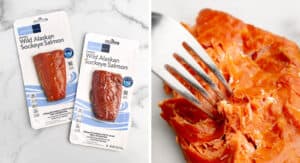 Hot Smoked Salmon Packaging (left) Salmon with Fork (right)