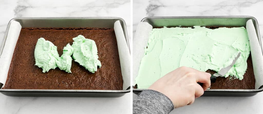 Spreading the Mint Filling on the Brownies in Pan
