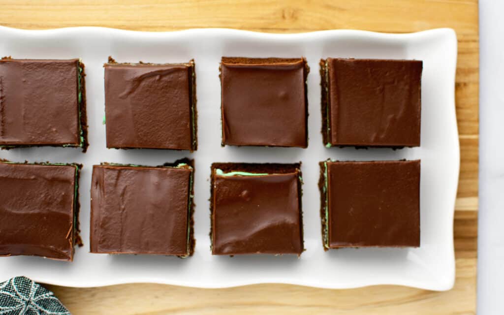Layered Mint Chocolate Brownies on Serving Tray