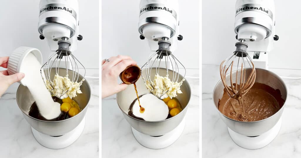 Adding Sugar and Vanilla to Brownie Mixture in Stand Mixer