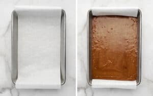 Adding the Brownie Mixture to a 13 by 9 pan with Parchment