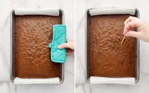 Checking Cooked Brownie Layer with Toothpick