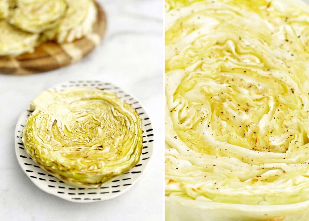Roasted Cabbage Slice on Plate (left) Cabbage Closeup (right)