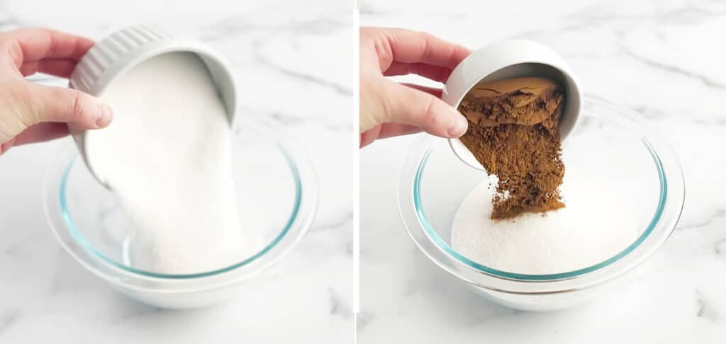 Adding Sugar and Cinnamon to Bowl