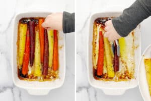 Garnishing Roasted Carrots with Parsley (left) and Plating on Serving Platter (right)