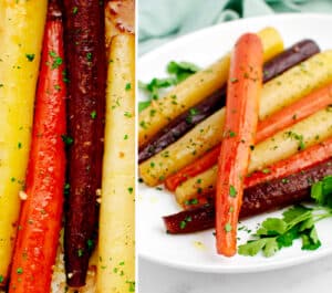 Roasted Carrots Closeup (left) on Platter (right)