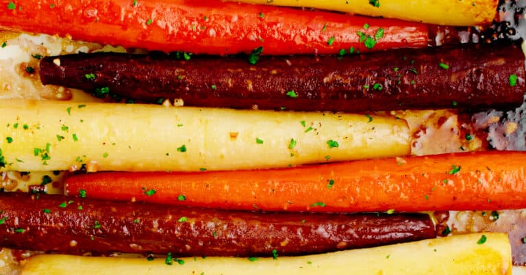 Rainbow Honey Garlic Butter Roasted Carrots with Parsley Closeup