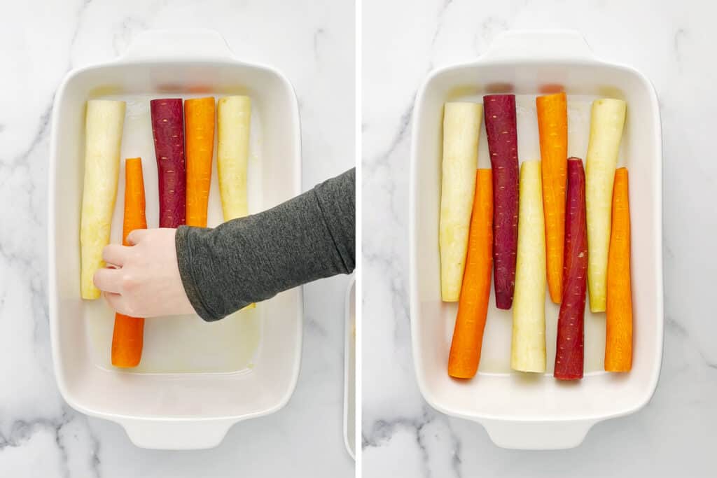 Arranging Peeled and Trimmed Rainbow Carrots in White Baking Dish on White Marble Surface