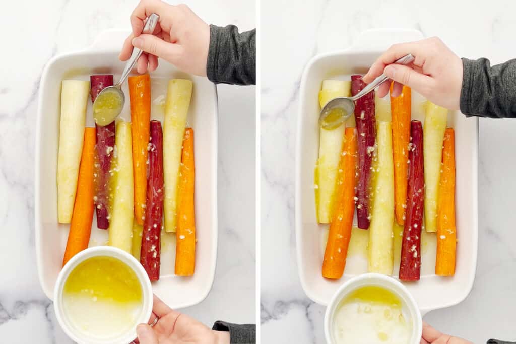 Drizzling Honey Glaze Over Carrots in Baking Dish