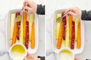 Drizzling Honey Glaze Over Carrots in Baking Dish