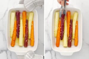 Removing Carrots from Oven After 15 Minutes and Flipping Carrots in White Baking Dish