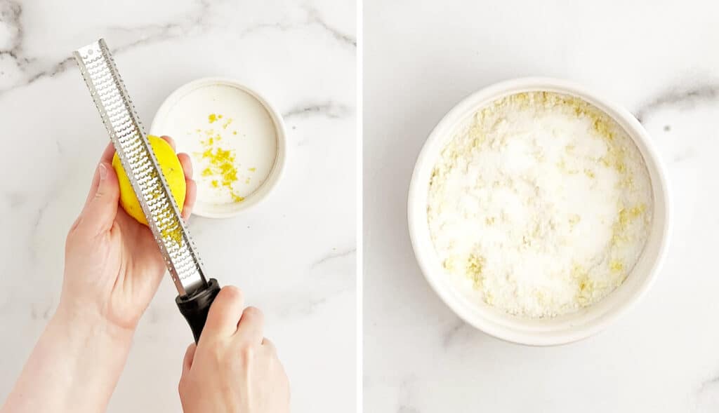 Adding Lemon Zest to Bowl of Sugar