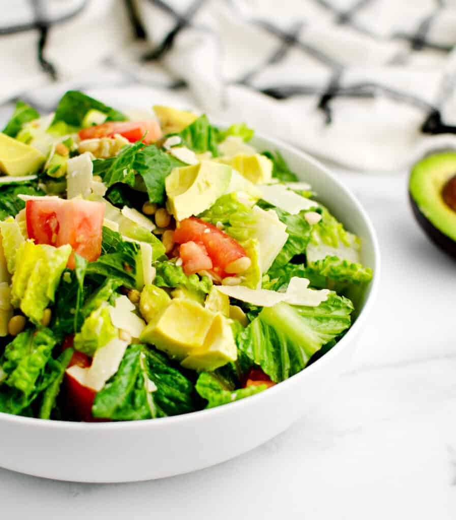 Avocado Tomato Romaine Salad in White Bowl