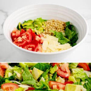 Salad Ingredients in White Bowl (top) and Closeup (bottom)