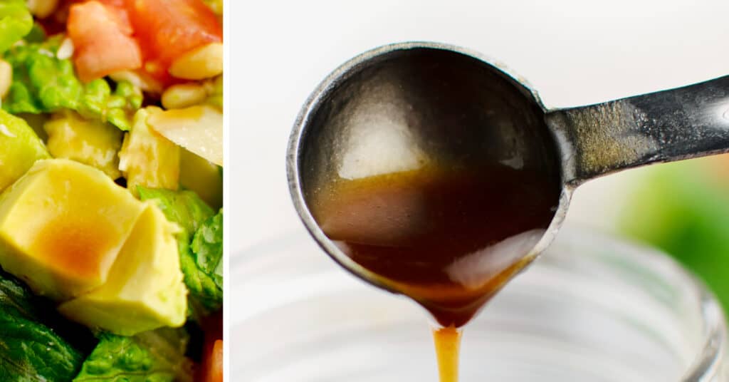 Dijon Balsamic Vinaigrette Dressing on Salad (left) Dripping off of spoon (right)