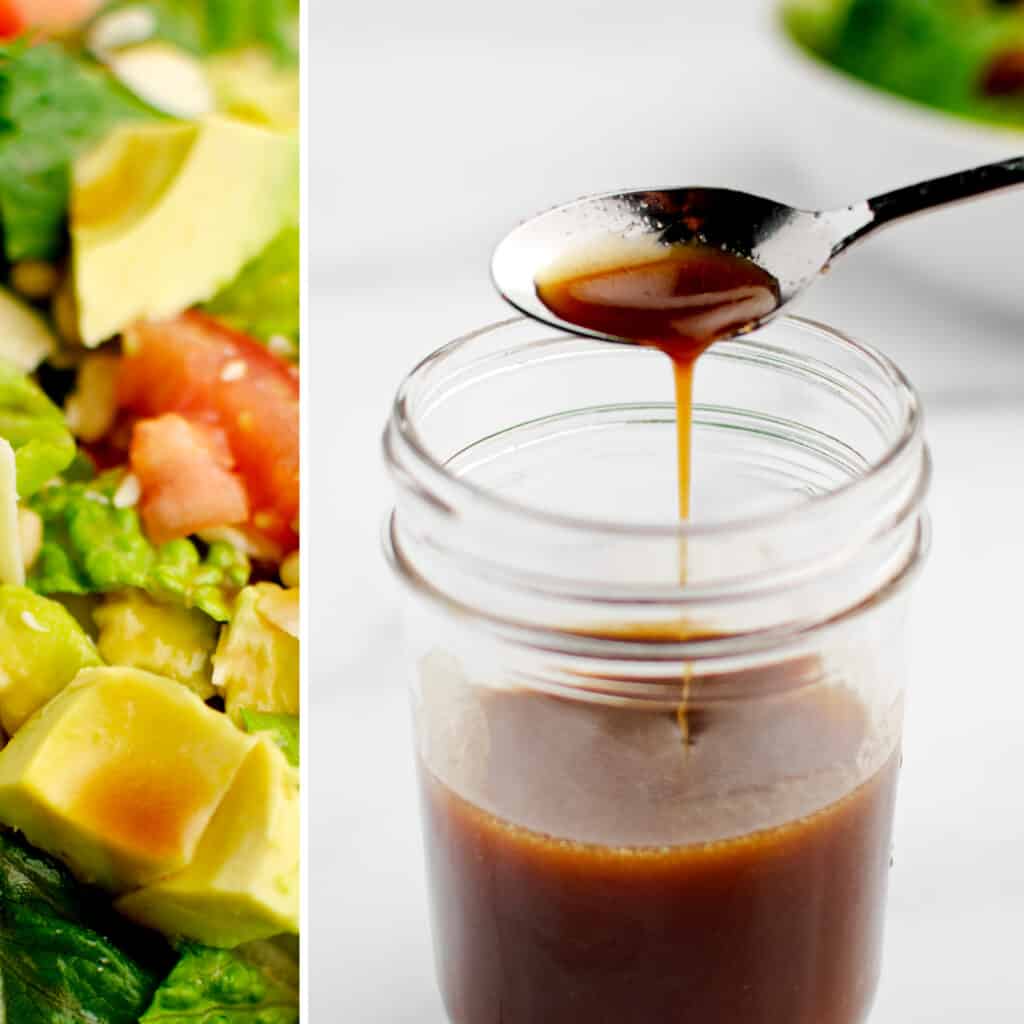 Salad with Dressing (left) Dressing in Jar with Spoon (right)