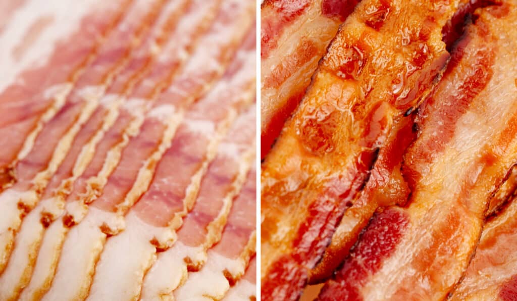 Raw and Cooked Bacon Side by Side Close up