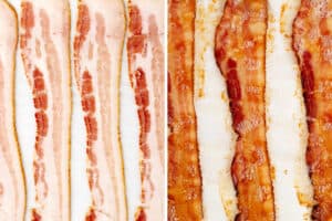 Raw and Cooked Bacon Side by Side
