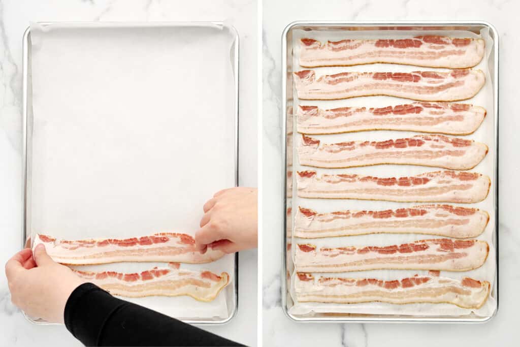 Placing Bacon Strips on Parchment on Metal Baking Pan