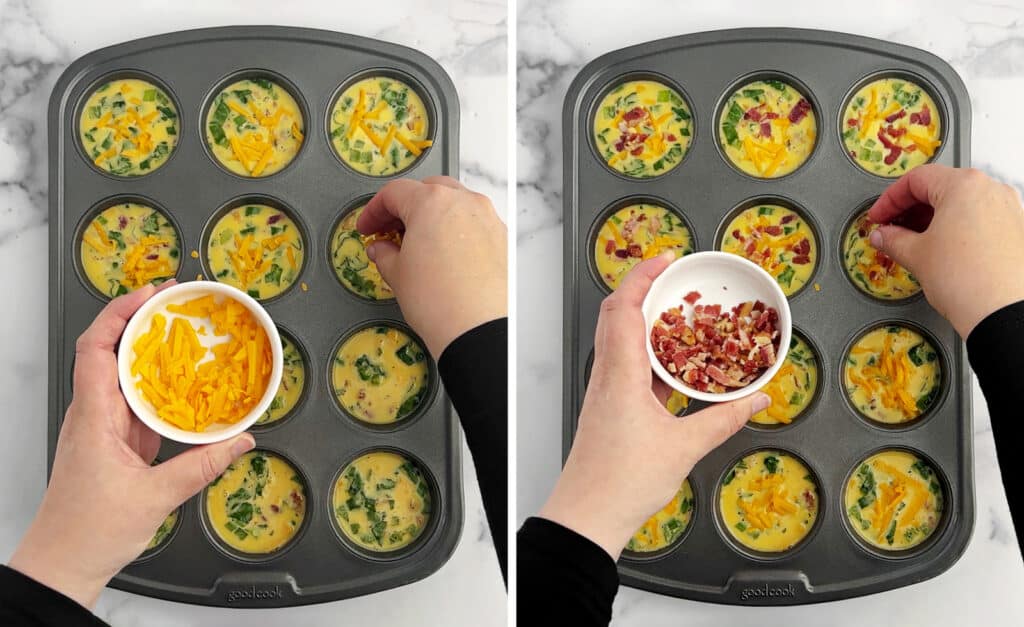 Sprinkling Egg Mixture with Cheese and Bacon in Muffin Tin