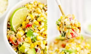 Street Corn Salad Closeup (left) on Spoon (right)