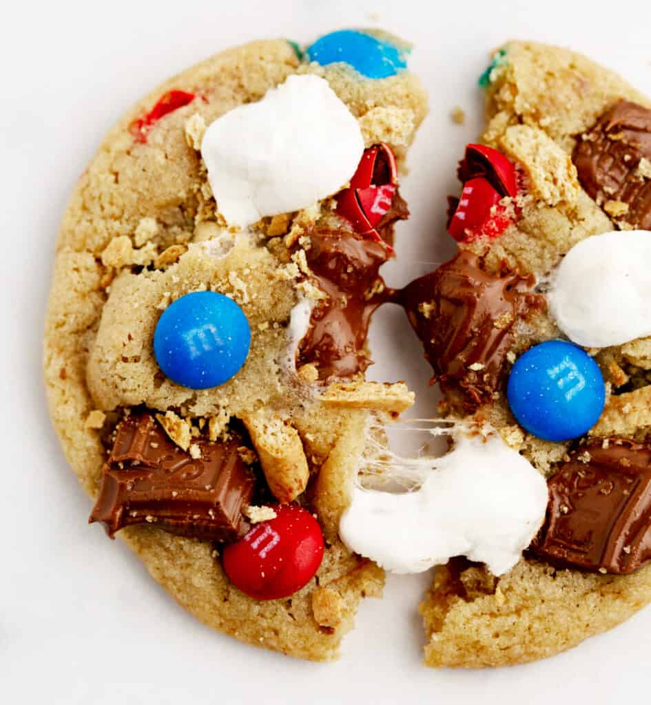 Closeup of Red White and Blue 4th of July S'mores Cookies