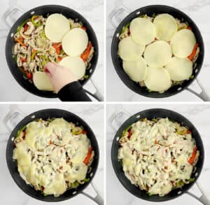 Adding Layers of Provolone Cheese to Chicken and Veggies in Skillet