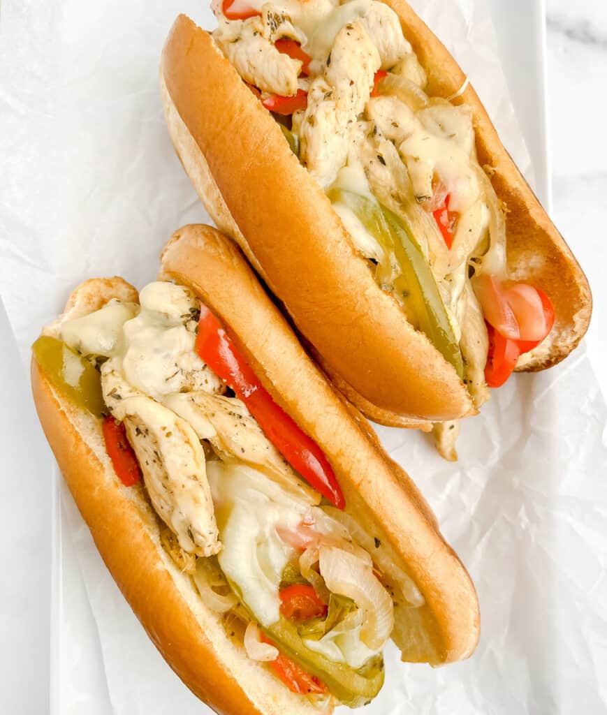 Chicken Cheesesteak Subs on Parchment Paper