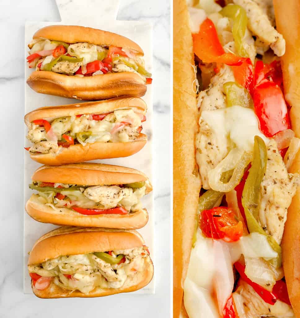 Chicken Cheesesteak Sandwiches Lined Up (left), Closeup (right)