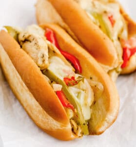 Closeup of Two Chicken Cheesesteak Subs