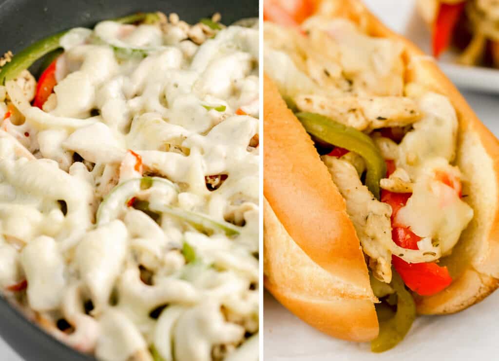 Melted Cheese Over Chicken and Veggies in Skillet (left) Assembled Sandwich (right)