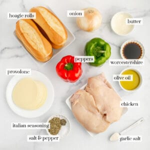 Ingredients for Chicken Cheesesteak on Marble Table
