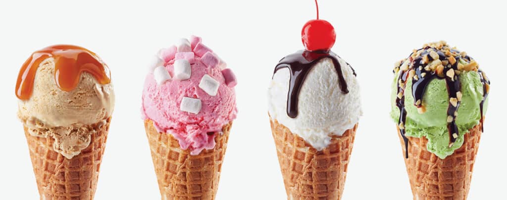 Ice Cream in Cones with Various Toppings