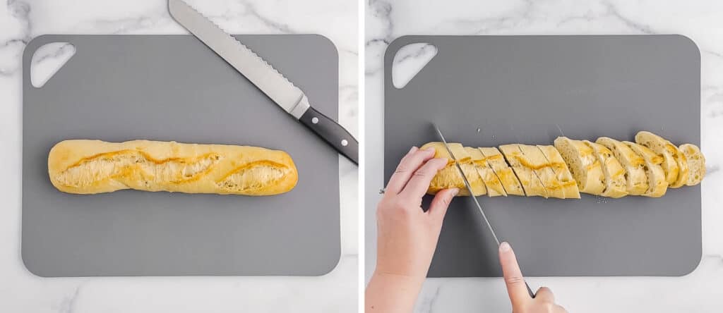 Slice Baguette on Cutting Board with Serrated Knife