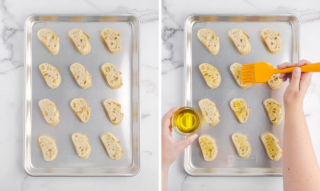 Arranging Baguette Slices on Baking Sheet and Lightly Coating with Olive Oil