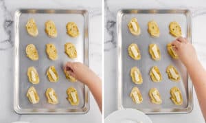 Topping Crostini with Slices of Brie on a Baking Sheet