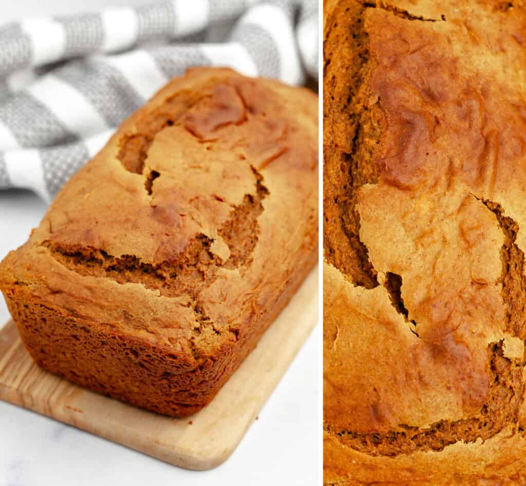 Pumpkin Bread Loaf (left) Closeup of Bread (right)