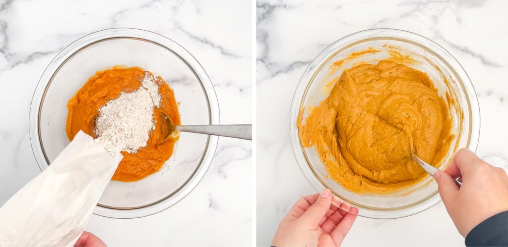 Adding Cake Mix to Pumpkin and Egg Mixture in Glass Bowl