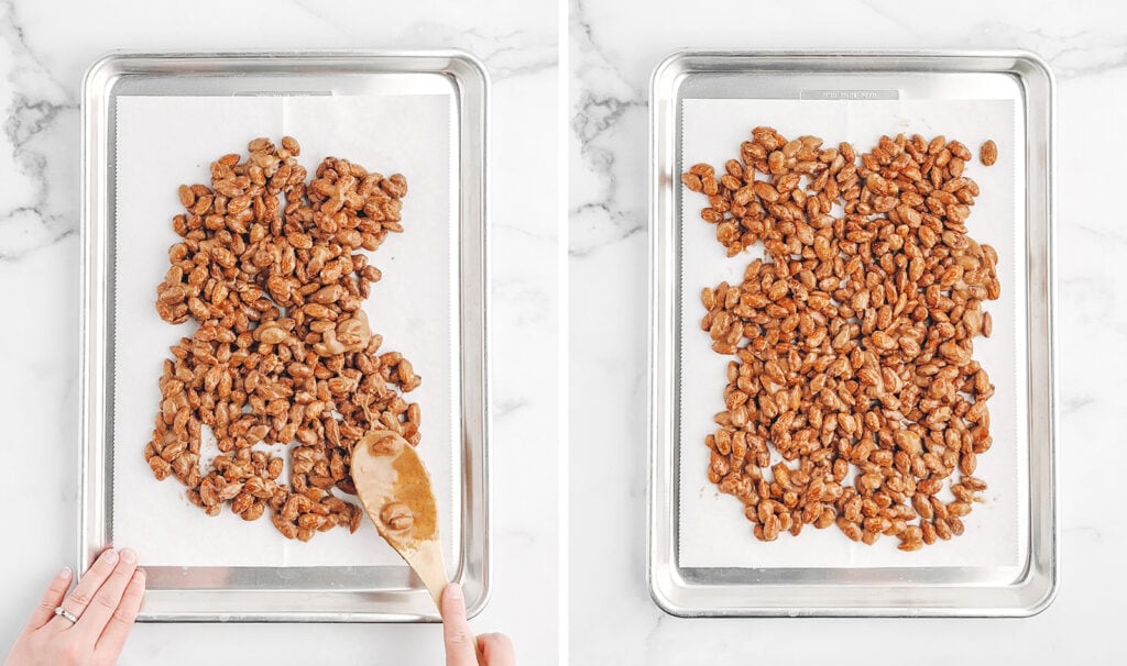 Spreading Almonds on Baking Sheet with Parchment Paper