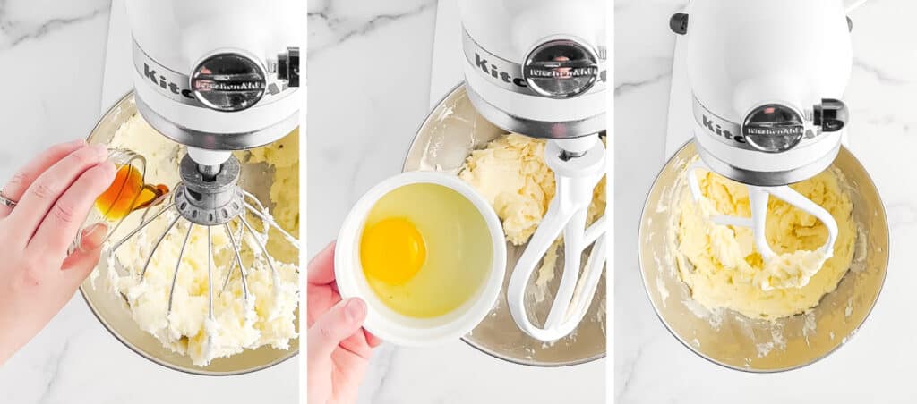 Add Egg and Vanilla to Cookie Dough in Stand Mixer Bowl