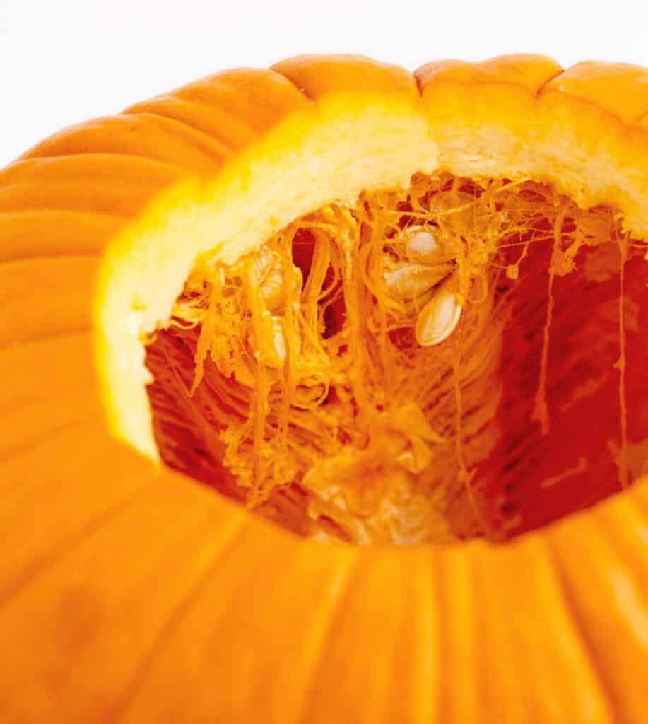 Pumpkin with Top Cut Off Showing Seeds and Guts