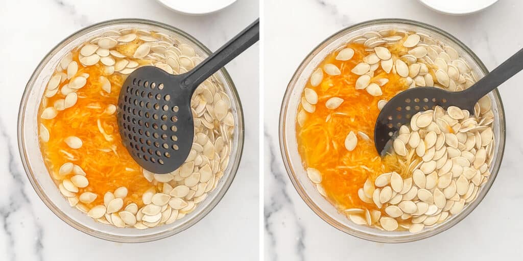 Using a Slotted Spoon to Remove Pumpkin Seeds from Guts